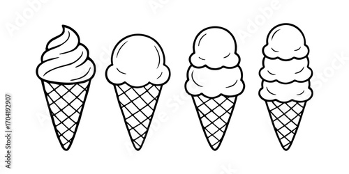 Four hand-drawn ice cream cones with varying scoop styles, outlined in black ink, on a white background, concept of summer treats