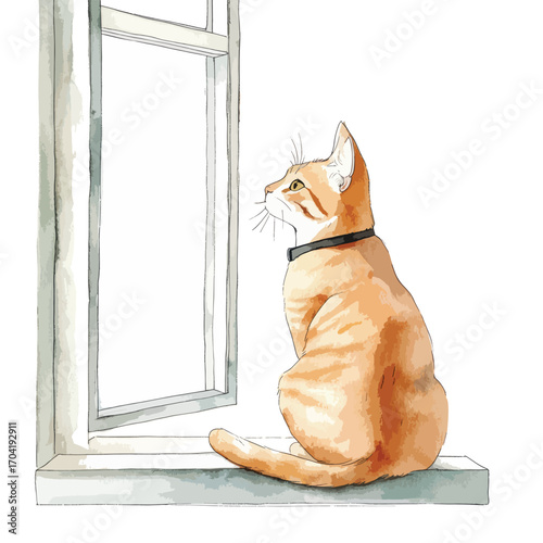 Ginger Cat Gazing Out Windowsill Watercolor