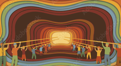 An illustration of a diverse community working together, holding up a colorful, layered tunnel that leads towards a bright, hopeful light.