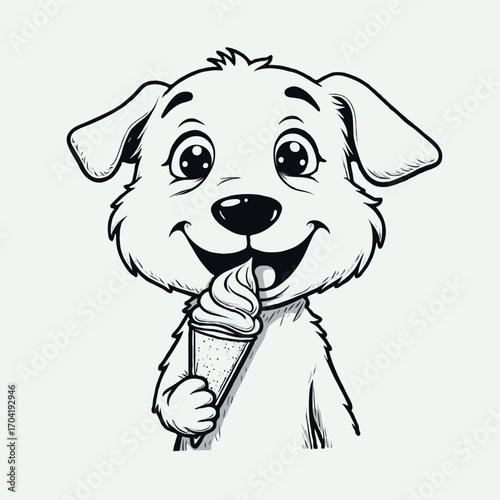 Cheerful cartoon dog holding and licking an ice cream cone, line art style, on white background. Concept of happiness, fun, summer treat