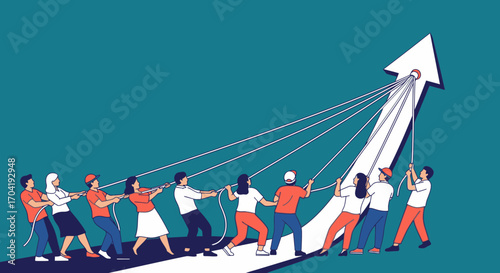 A diverse team of people collaborating to pull a large arrow upwards, symbolizing teamwork, collective growth, and success.