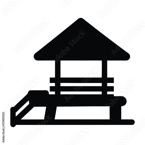 Simple Black Silhouette of a Beach Lifeguard Tower with Shelter, Bench, and Ramp