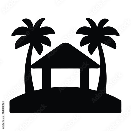 Silhouette of tropical beach scene with palm trees and hut or cabana