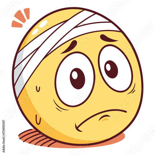 A cartoon yellow emoji with a bandaged head and worried expression showing signs of distress and discomfort after an injury with sweat drops and a concerned look