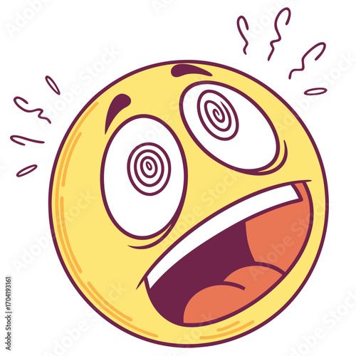 A cartoon yellow emoji face with wide spiraling eyes and an open mouth expressing shock surprise or confusion with wavy lines indicating a dizzy or overwhelmed state