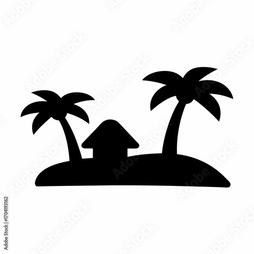 Tropical island with hut and palm trees black and white silhouette