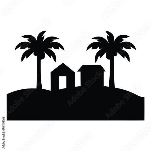 Silhouette of tropical island with palm trees and small buildings illustration