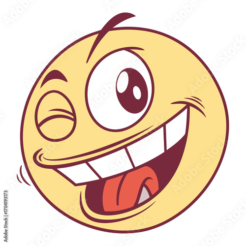 A cartoonish exaggerated yellow smiley face with a wide toothy grin one eye winking and its tongue sticking out conveying extreme happiness and amusement in a playful energetic style
