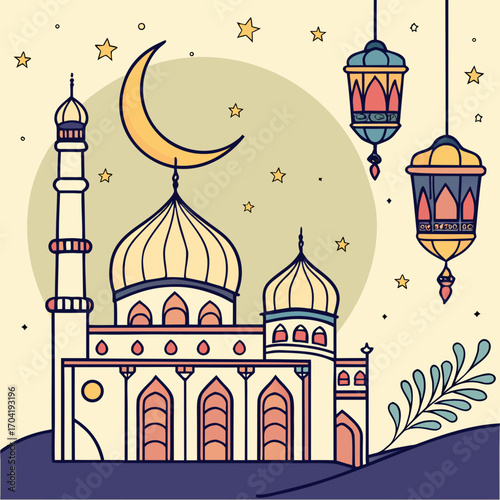 A charming and colorful illustration featuring a mosque with minarets and domes a crescent moon decorative lanterns and stars evoking a festive islamic celebration or holiday atmosphere