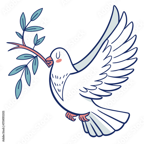 A charming cartoon illustration of a white dove with a light blue outline and soft pink accents carrying a green leafed branch in its beak symbolizing peace and hope in flight