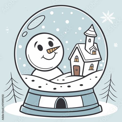 A charming cartoon illustration of a happy snowman peeking out from behind a snowy hill inside a snow globe with a quaint house and falling snowflakes