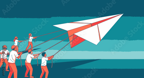 A team of people collaborates, pulling ropes to launch a giant paper airplane, symbolizing a shared goal.