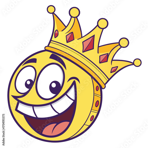 A cheerful and excited cartoon yellow emoji character wearing a golden crown adorned with red gems expressing joy and triumph with a wide smile and wide open eyes