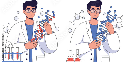 Scientist analyzing DNA strand in laboratory with molecular structures, test tubes, and flasks for genetics and biotechnology research illustration