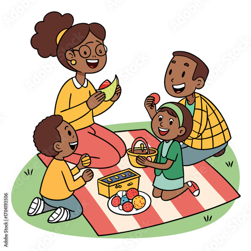 A cheerful black family enjoys a sunny outdoor picnic together sharing food and laughter on a red and white striped blanket surrounded by green grass