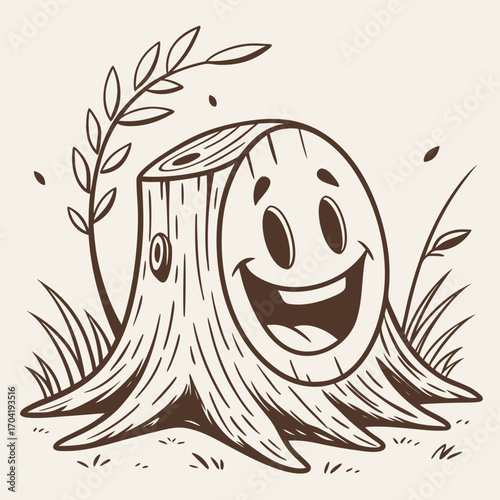 A cheerful anthropomorphic tree stump with a wide smile and happy eyes surrounded by grass and a small branch depicted in a simple charming line art style with a brown outline on a cream background