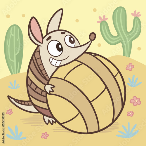 A cheerful cartoon armadillo with a big smile hugs a large round tan ball in a whimsical desert landscape with cacti and small flowers