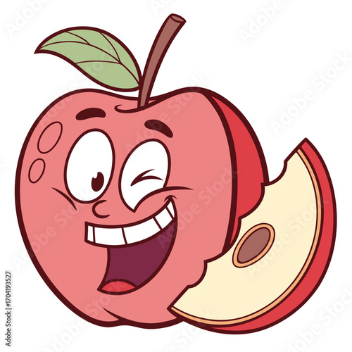 A cheerful cartoon apple character with a big smile and a bite taken out of it winking and looking happy