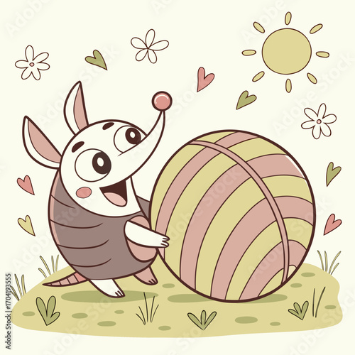 A cheerful cartoon armadillo with a big smile is playfully pushing a large striped ball on a sunny day with flowers and hearts floating around