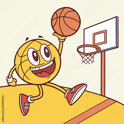 A cheerful cartoon basketball character with a big smile is joyfully jumping and holding a basketball above its head ready to score a slam dunk on a basketball court