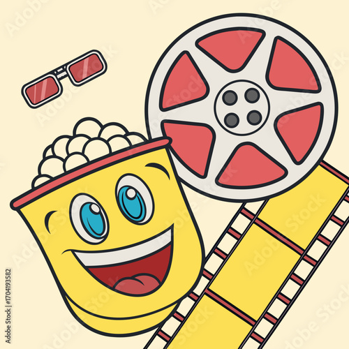 A cheerful cartoon bucket of popcorn with a happy face a vintage film reel and 3d glasses representing a fun movie experience