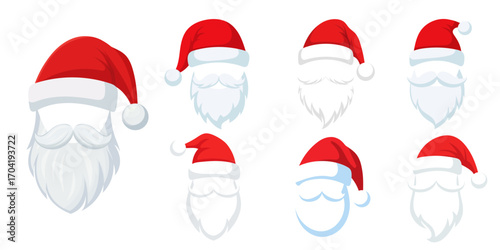 Set of Santa Claus hats. Red Santa hats with beard and mustache. Vector.
