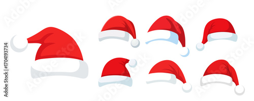 Collection of red santa claus hats. Vector.