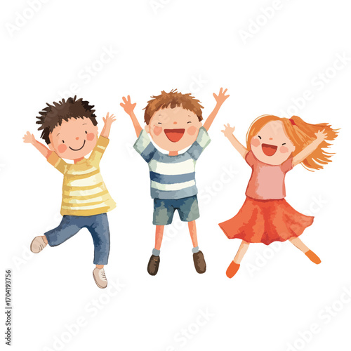 Joyful Children Jumping with Arms Raised Expressing Pure Happiness and Delight