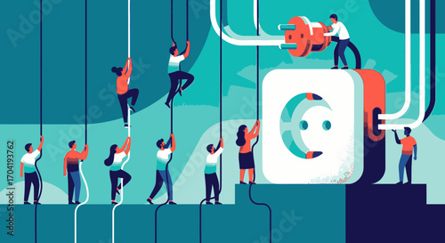 Teamwork and collaboration as a group of people work together to connect a giant electrical plug, symbolizing energy and connection.