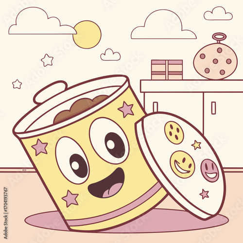A cheerful cartoon coffee cup character with a smiling face and stars on its body is tipping over spilling its contents with a lid decorated with smiley faces nearby