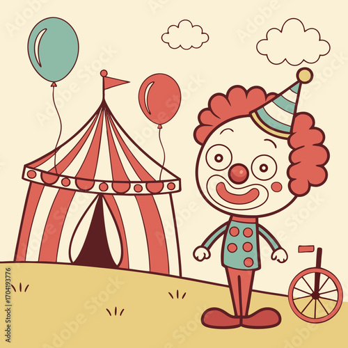 A cheerful cartoon clown with a party hat stands next to a circus tent with balloons and a unicycle on a sunny day with clouds in the sky