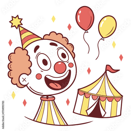 A cheerful cartoon clown with a party hat and balloons floats above a circus tent surrounded by festive diamond shapes perfect for celebrations and entertainment