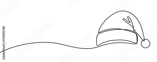 Christmas Santa Claus hat one line drawing on a white background. Vector illustration. Editable stroke
