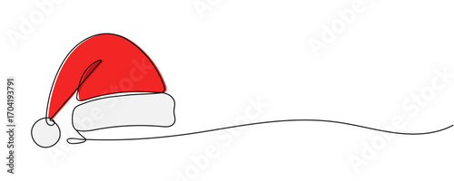 Christmas Santa Claus hat one line drawing on a white background. Vector illustration. Editable stroke