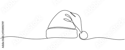 Christmas Santa Claus hat one line drawing on a white background. Vector illustration. Editable stroke