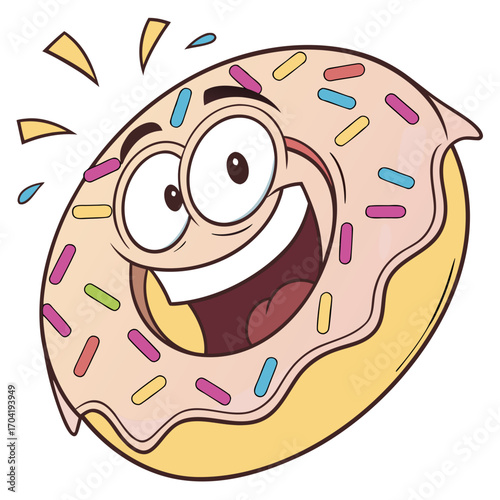 A cheerful cartoon donut character with a wide smile big eyes and colorful sprinkles expressing joy and excitement with a playful happy face and energetic splashes around it