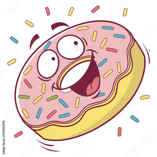 A cheerful cartoon donut with a wide open mouth and big eyes covered in pink frosting and colorful sprinkles expressing pure joy and excitement with a playful bounce