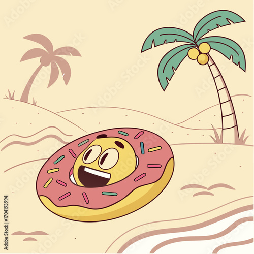 A cheerful cartoon donut with a smiley face floats on a sandy beach next to a palm tree with coconuts evoking a fun summer vacation