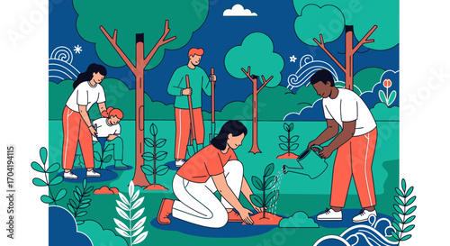 A diverse group of community volunteers, including men, women, and a child, planting trees together at night to help the environment.