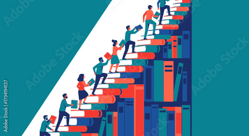 People climbing a staircase of books towards a bright future, symbolizing education and knowledge.