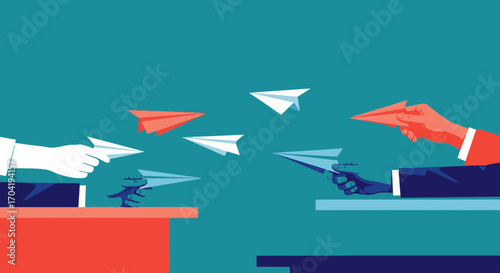 Illustration of two businesspeople at desks throwing paper airplanes at each other, symbolizing communication and competition.