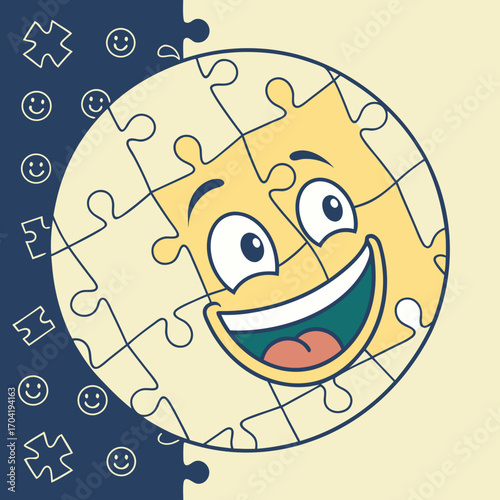 A cheerful cartoon puzzle piece face with a wide smile and big eyes representing happiness and problem solving set against a background with scattered puzzle pieces and smiley faces