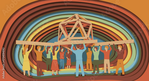 Illustration of a diverse community working in unison, lifting a geodesic dome frame against a colorful, layered background.