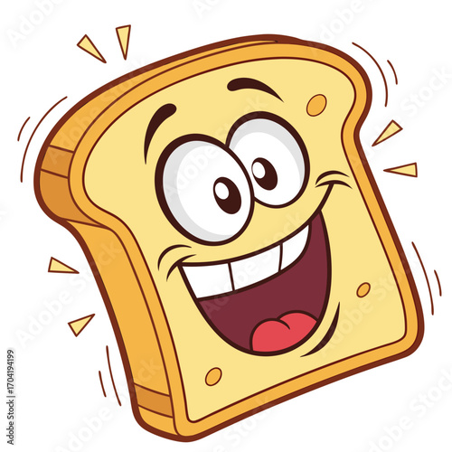 A cheerful cartoon slice of toast with a big happy smile and wide open eyes radiating joy and excitement with small yellow triangles and curved lines indicating movement and energy