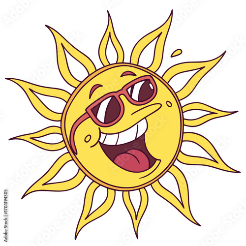 A cheerful cartoon sun character wearing cool pink sunglasses and a wide happy smile with its tongue out radiating warmth and joy on a bright sunny day