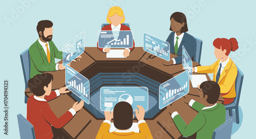 A diverse team of business professionals in a futuristic meeting, analyzing data and charts on individual holographic screens.