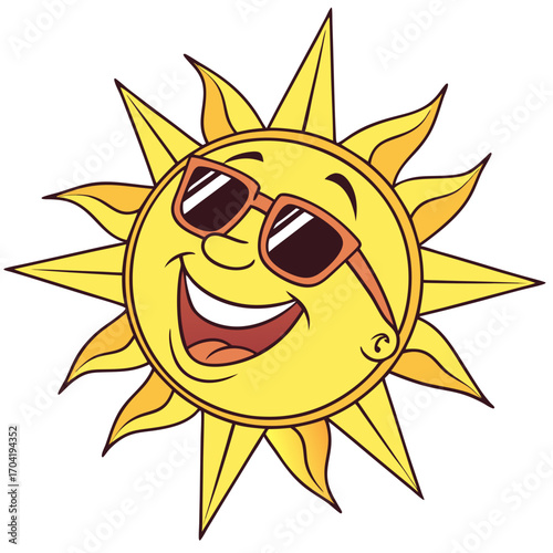 A cheerful cartoon sun wearing stylish sunglasses and a wide happy smile radiating warmth and joy on a bright sunny day illustration