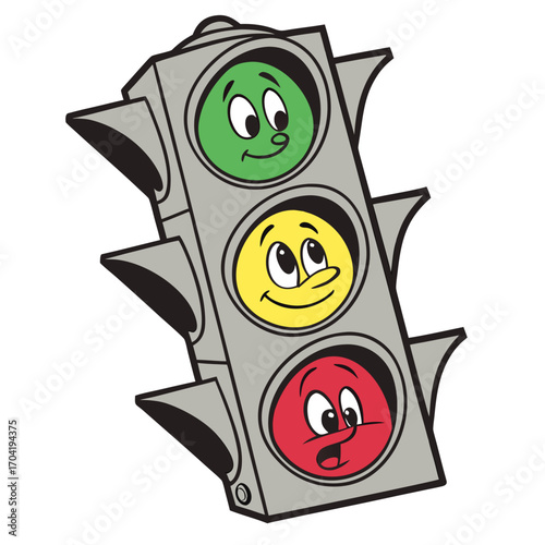 A cheerful cartoon traffic light with a happy green light a curious yellow light and a surprised red light expressing emotions on a white background
