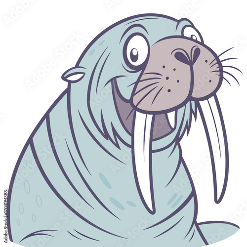 A cheerful cartoon walrus with big tusks and a wide smile depicted in a friendly and approachable illustration style perfect for children s content and educational materials