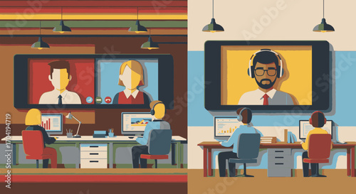 Split-screen illustration showing two modern office scenes with employees engaged in video conferencing and remote collaboration.